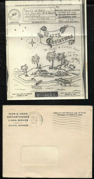 1944 Censored Illustrated Christmas V - Mail Letter,  Cover 55 Seabees Battalion