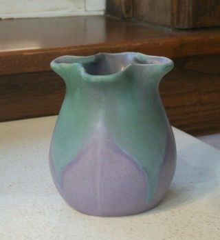Muncie Pottery Arts & Crafts Violet And Green Small Vase - Matte Drip Glaze