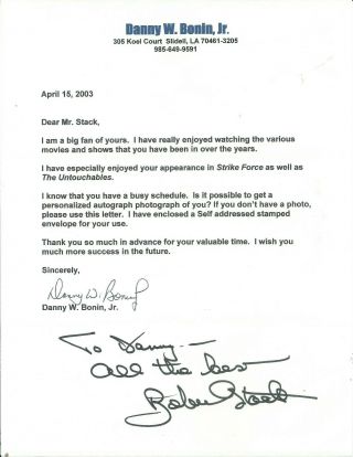 Robert Stack The Untouchables Airplane Signed Letter D.  2003
