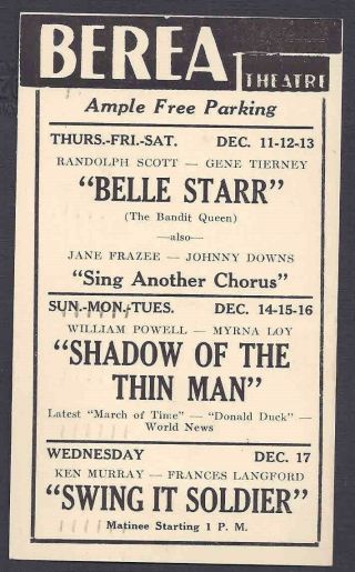 1941 Berea Theatre Showing Shadow Of The Thin Man W/w Powell M Loy,  Berea Oh Etc
