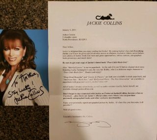 Jackie Collins Hand Signed Autographed 4x6 Photo And Letter Author Movies