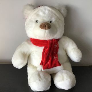 White Christmas Teddy Bear With Red Velvet Scarf & Santa Hat 129