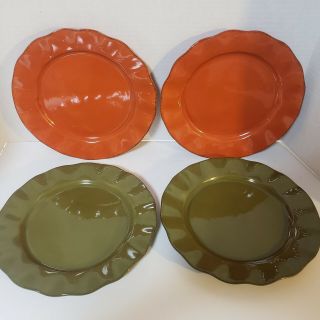 Set Of 4 Better Homes And Gardens Dinner Plates Fall Orange Green 10.  5 " Ruffle