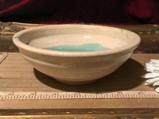 Handmade Pottery Bowl Stoneware White W/ Blue Signed 6 " X2 1/8 "