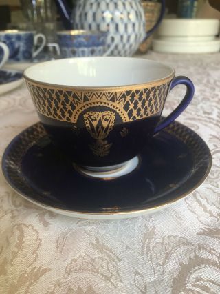 Lomonosov Porcelain Russian Cobalt Blue & Gold Tea Cup W/saucer Made In Russia