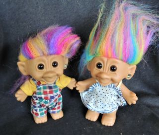 Two (2) Bright Of America Rainbow Hair Troll Dolls Boy And Girl