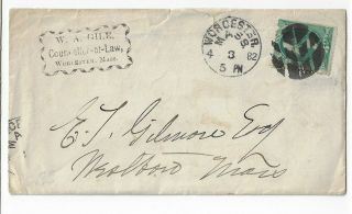1882 Lawyer Cc Cover Worcester Ma To Nestboro Ma,  Sc 158.  Cds,  Cork (jd271)