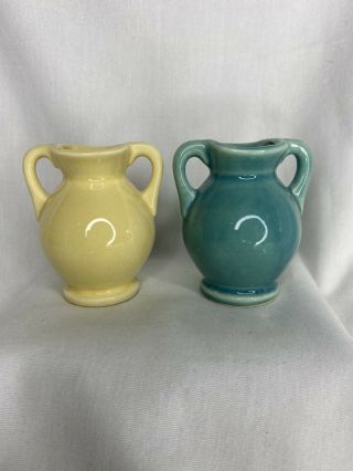 2 Shawnee Usa Pottery Yellow Green Mini Miniature Double Handled Vase Figurines