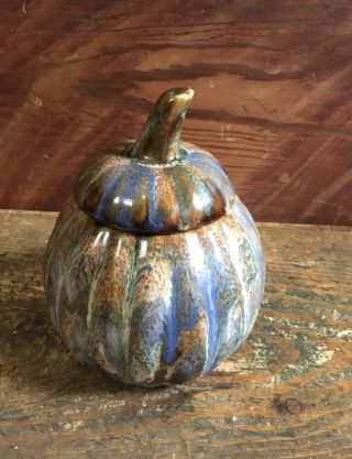 Ceramic Pumpkin With Lid Blue And Brown Drip Glaze