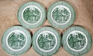 Set Of 5 The Old Curiosity Shop Green Transferware Royal China 10 " Dinner Plates