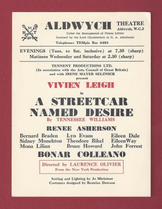 Vivien Leigh " A Streetcar Named Desire " Tennessee Williams 1949 London Flyer