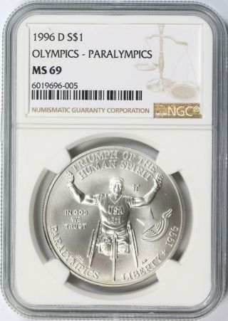 1996 - D $1 Olympics Paralympics Commemorative Silver Dollar Ngc Ms69