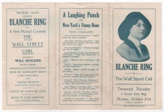 Scarce 1910s Blanche Ring The Wall Street Girl Tremont Theatre Brochure Boston