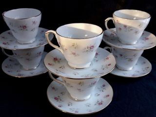 Vintage Set 6 Duchess Bone China Cups & Saucers - Marie Pattern - Cond