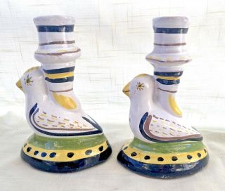 Pair Vintage Ceramic/pottery Hand Painted Bird Taper Candle Holders - Portugal