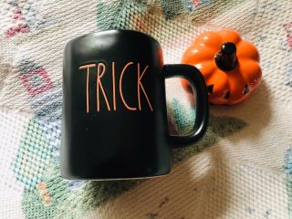 Rae Dunn Trick Or Treat Double Sided Black Mug W/ Pumpkin Topper Halloween/fall