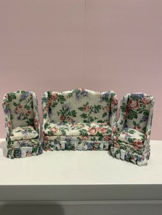 Dollhouse Furniture Couch / Sofa 2 Arm Chairs Floral Pink And Blue Flowers