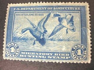 Us 1934 Rw1 1 Dollar Migratory Bird Hunting Stamp H