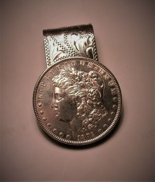 Vintage Hand Chased Sterling Silver 1879 Morgan Silver Dollar Money Clip 50g