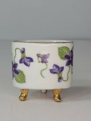 Lefton Porcelain Oval Footed Trinket Dish With Purple Flowers And Gold Trimming