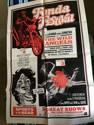 Vintage Movie Poster Triple Feature Wild Angels Spirits Of Dead Trip