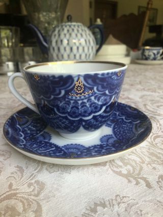 Lomonosov Porcelain Cobalt Blue & Gold Tea Cup W/saucer Made In Russia - Classic