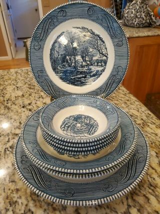 Vintage Currier & Ives Royal China 2 Dinner Plates 2 Soup Bowls 4 Dessert Bowls