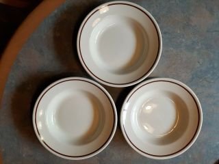 Three Carr China 9 " Glo - Tan Soup Bowls; Grafton,  W.  Va.  ; Burgundy Stripe