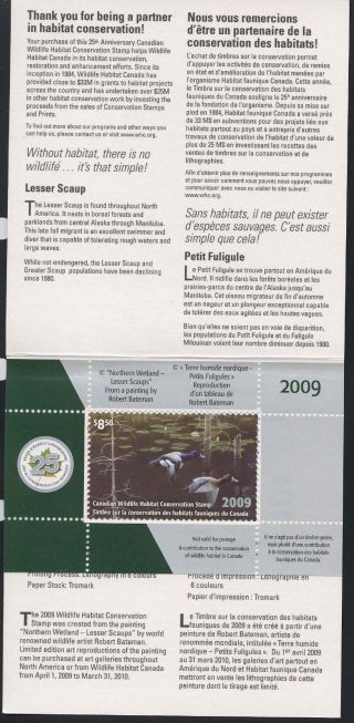 Canada 2009 Duck Stamp In Folder Lesser Scaup By Robert Bateman