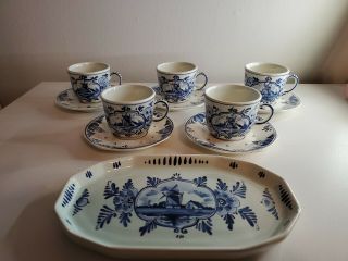 Vintage Hand Painted Delft Tea Cup And Saucer Set Of 5 Made In Holland Plus Tray