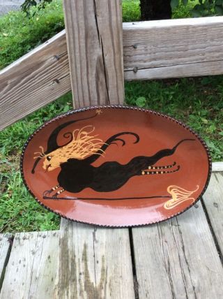 Primitive Witch Oval Redware Plate Ohio Cabin Craft Cazan Pottery 2009