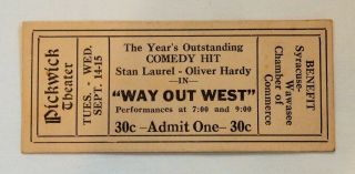1937 Vintage Pickwick Theater " Way Out West " Laurel Hardy Comedy 30c Ticket