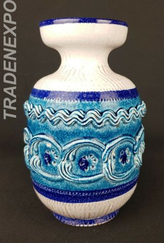 Vintage Retro 60s - 70s Alla Moda Blue Relief Vase Italian Pottery Fat Lava Era