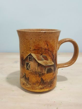 Art Pottery Stoneware Hand Painted Barn Scene Coffee Cup Mug Signed Pleiman