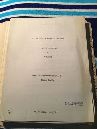 Vintage Movie Script 1970 Escape From Planet Of The Apes Horror Monster