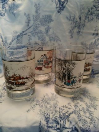 4 Vintage Currier And Ives Winter Themed Double Old Fashioned Whiskey Glasses