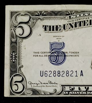 1934 $5 Silver Certificate Note Blue Seal Great Color Nr 1063_141