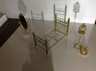 Dollhouse Miniature Furniture - Bedroom - Brass Bed,  Birdcage,  And Floor Mirror