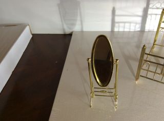 Dollhouse Miniature Furniture - Bedroom - Brass Bed,  Birdcage,  And Floor Mirror 2