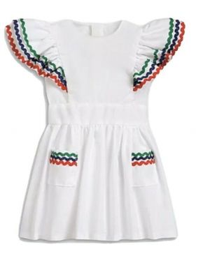 American Girl Molly Mcintire Birthday Party Pinafore White Red Blue Green Dress