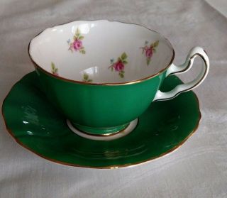 Vintage Adderley Bone China Lawley Tea Cup & Saucer Green With Rose Chintz