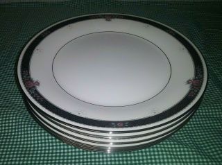 5 Noritake Etienne 7260 Ivory China Dinner Plates Pink Gray Flowers Black Band