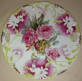 Weimar Germany Pierced Handle 9 " Cake Plate W/embossed Hand Painted Pink Roses