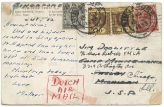 Singapore 1933 Air Ppc To Usa,  " Dutch Air Mail ",  27c Rate