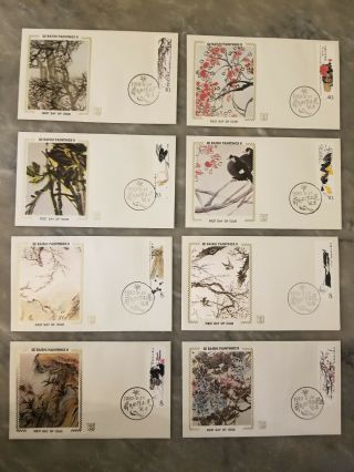 China Prc 1980 Qi Baishi Paintings Ii Set Of 8 First Day Cover Silk Cachet