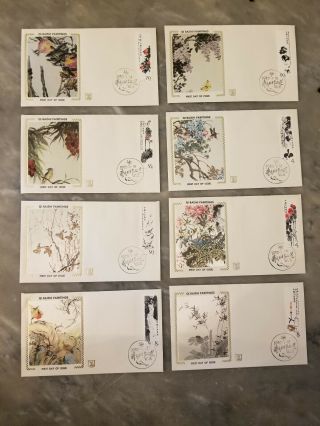 China Prc 1980 Qi Baishi Paintings Set Of 8 First Day Cover Silk Cachet