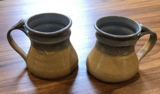 Set 2 Handmade Pottery Glazed Coffee Cup Mugs Artist Signed Rustic Blue Thumb
