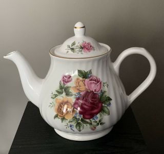 Arthur Wood & Son Staffordshire England Teapot Red Pink Roses/gold Trim 6536