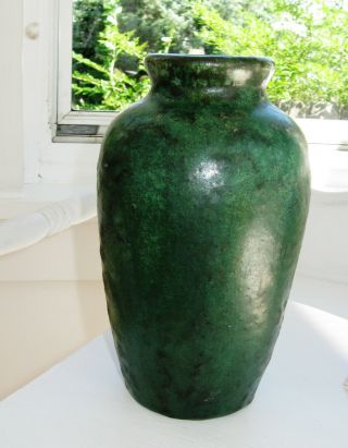 Antique Burley Winter Green Arts & Crafts Mission 8 " Pottery Vase Thick & Bumpy
