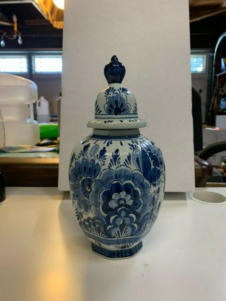 Vintage Holland Blue Delft Hand Painted 11” Lidded Ginger Jar Vase Urn W/ Mark